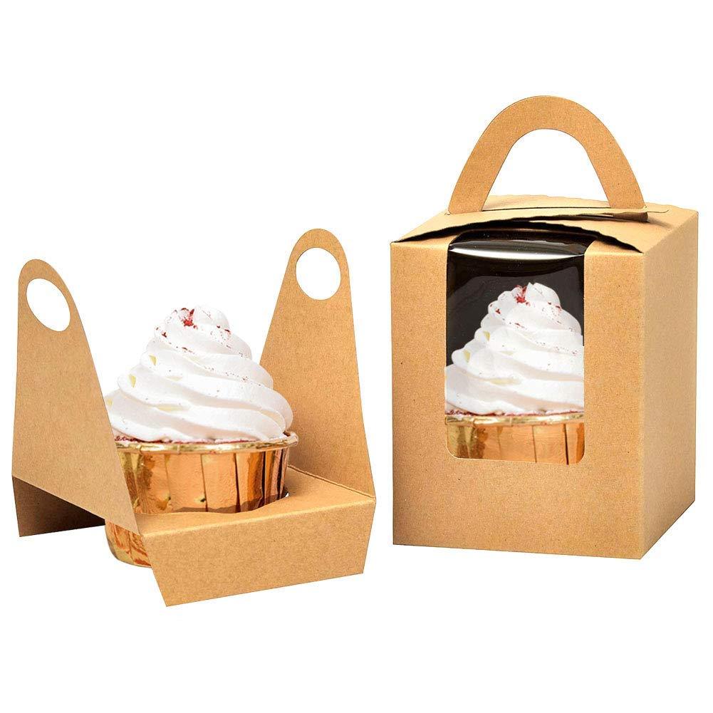 Kraft Cupcake Boxes, with Window Insert and Handle (Pack of 50)