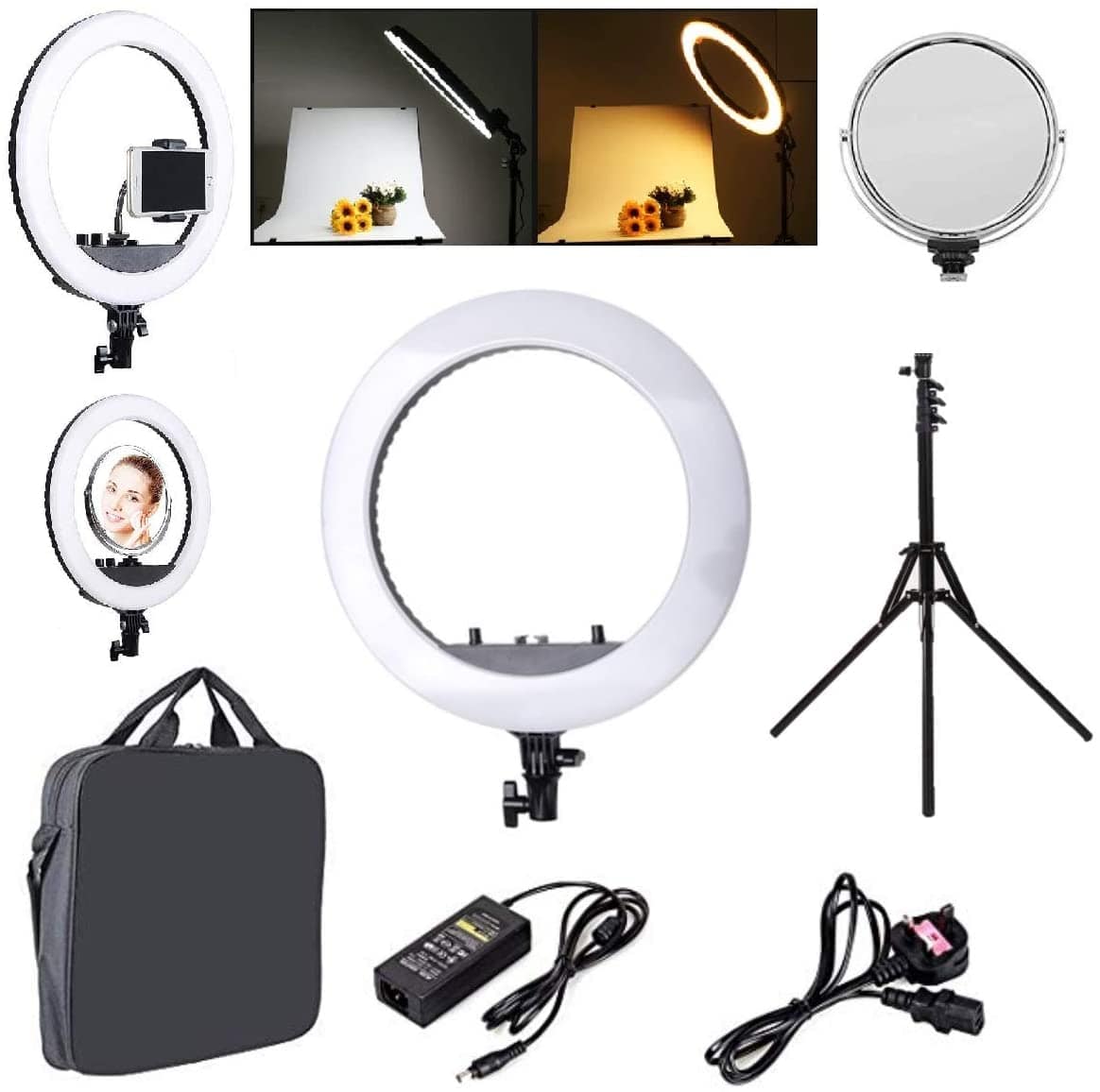 LED Soft Ring Light Kit 18" 55W Dimmable 3200K-6000K with Tripod Stand, Cell Phone Holder, Carrying Bag, Mirror