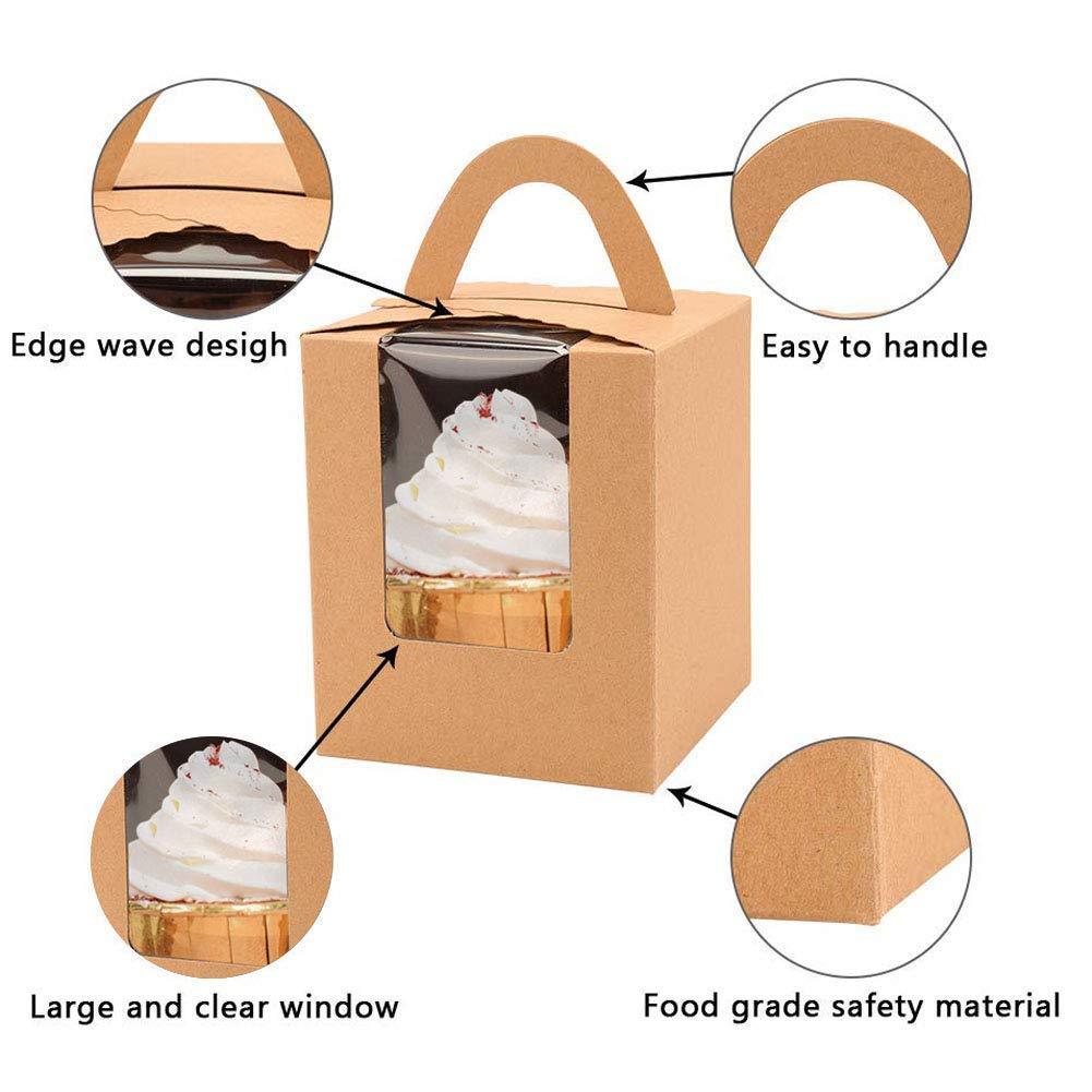 Kraft Cupcake Boxes, with Window Insert and Handle (Pack of 50)