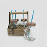 Al Hoora 4pcs 450ml Glass Jar/mason Jar With Straw And Wooden Box
