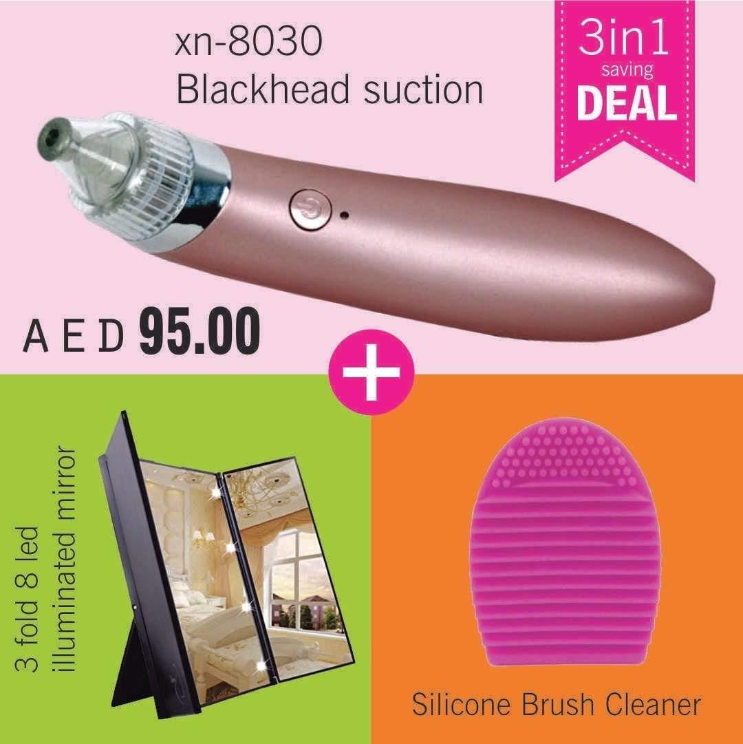 3in1 Bundle Deal XN-8030 Black Head Suction + 3 Fold Led Mirror + Silicone Brush Cleaner - SquareDubai