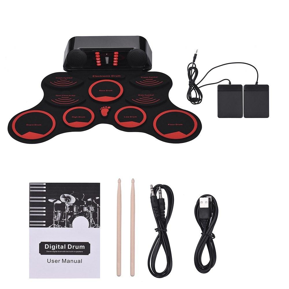 Digital Electronic Drum Kit 9 Silicon Drum Pads Built-in Double Speakers with Drumsticks Foot Pedals