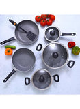 9-Piece Aluminium Cookware Set Assorted Big Casserole 26x11, Small Casserole 20x9, Frypan 26x4.8, Wokpan 24x8, Saucepan 16x7.5cm