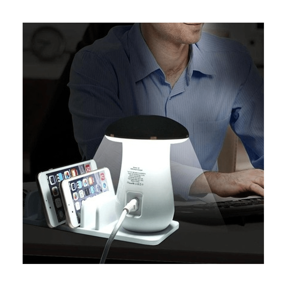 5 Ports USB Desktop Charging Station Quick Charge 3.0 With LED Mushroom Table Lamp - SquareDubai